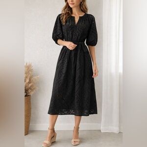 Banana Republic Petite 2 Black Eyelet Midi Dress Puff Sleeve Belted Cotton
